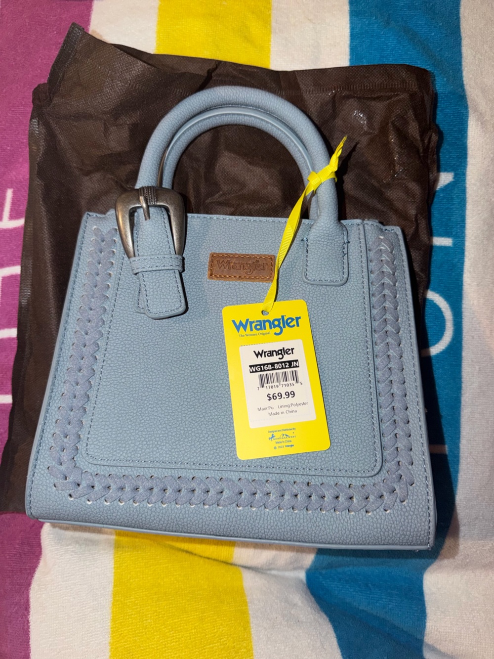 Wrangler Pale Blue Tote with Woven Trim and Buckle Accent